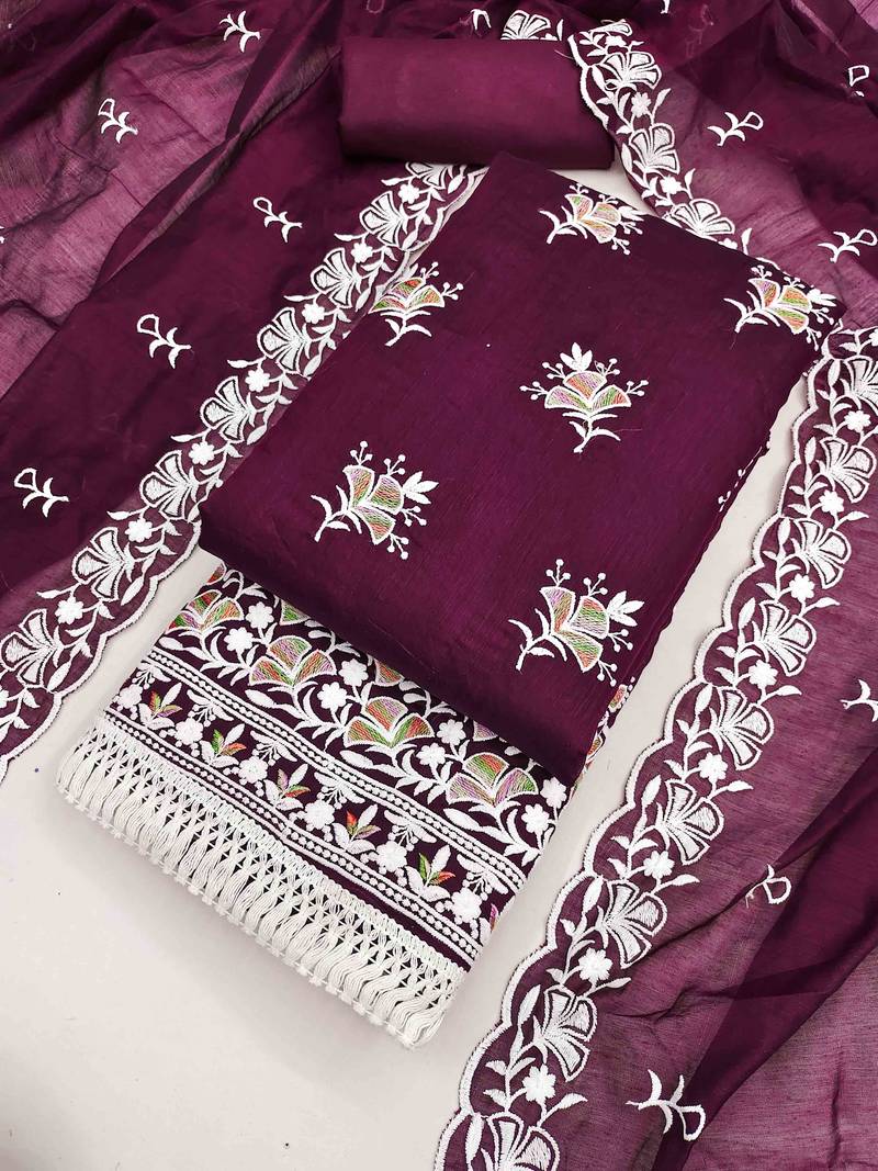 Wine chanderi embroidered unstitched dressmaterials 3 pair top bottom dupptaa