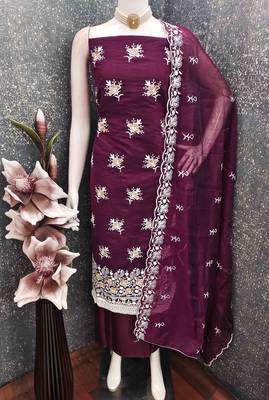 Wine chanderi embroidered unstitched dressmaterials 3 pair top bottom dupptaa 2