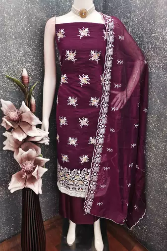 Wine chanderi embroidered unstitched dressmaterials 3 pair top bottom dupptaa
