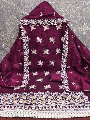 Wine chanderi embroidered unstitched dressmaterials 3 pair top bottom dupptaa 3