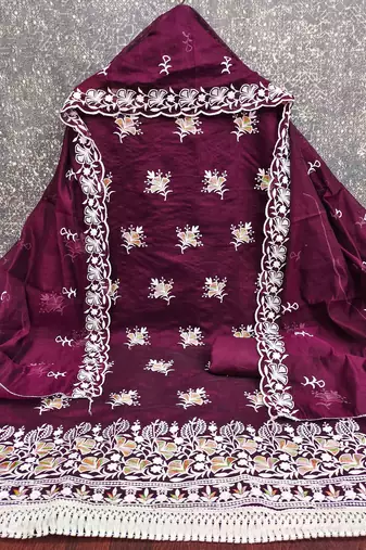 Wine chanderi embroidered unstitched dressmaterials 3 pair top bottom dupptaa