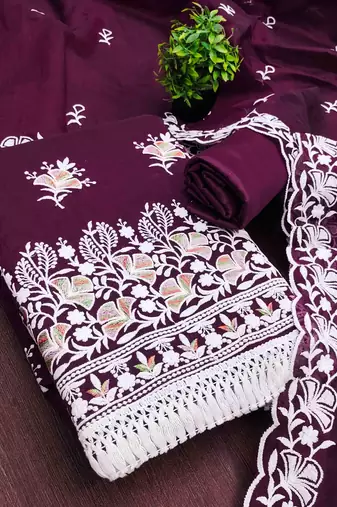 Wine chanderi embroidered unstitched dressmaterials 3 pair top bottom dupptaa