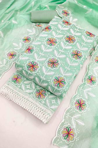 Green chanderi  embroidered unstitched dressmaterials 3 pair top bottom dupptaa