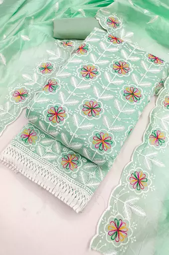 Green chanderi  embroidered unstitched dressmaterials 3 pair top bottom dupptaa