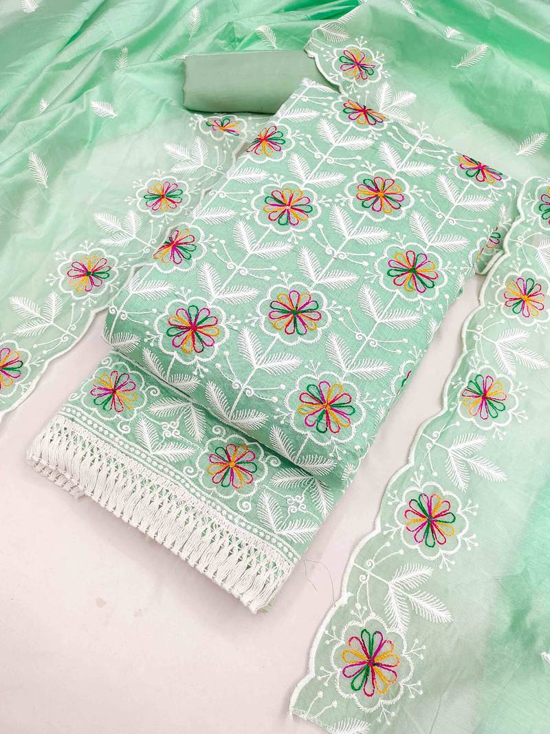 Green chanderi  embroidered unstitched dressmaterials 3 pair top bottom dupptaa