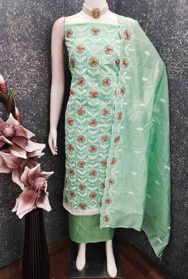 Green chanderi  embroidered unstitched dressmaterials 3 pair top bottom dupptaa 2