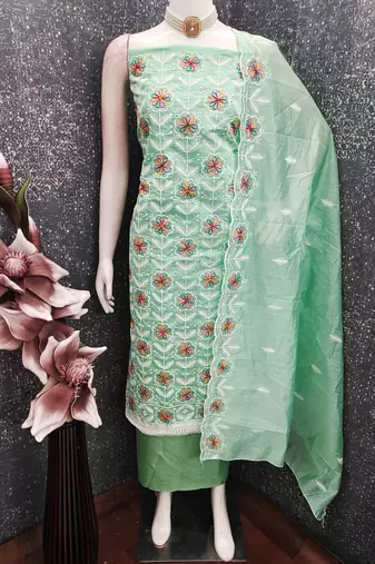 Green chanderi  embroidered unstitched dressmaterials 3 pair top bottom dupptaa