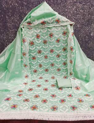 Green chanderi  embroidered unstitched dressmaterials 3 pair top bottom dupptaa 3