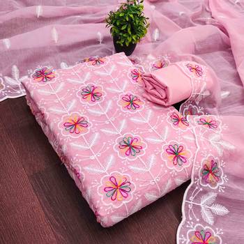 Pink chanderi  embroidered unstitched dressmaterials 3 pair top bottom dupptaa 1