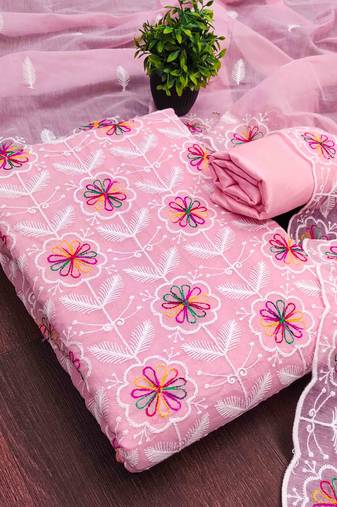 Pink chanderi  embroidered unstitched dressmaterials 3 pair top bottom dupptaa