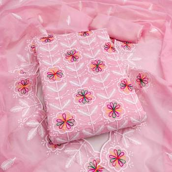 Pink chanderi  embroidered unstitched dressmaterials 3 pair top bottom dupptaa 2