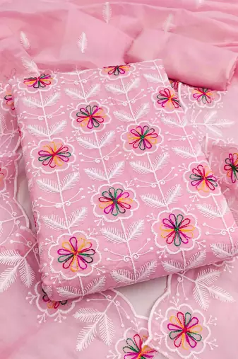 Pink chanderi  embroidered unstitched dressmaterials 3 pair top bottom dupptaa