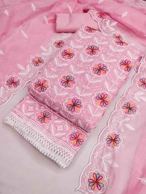 Pink chanderi  embroidered unstitched dressmaterials 3 pair top bottom dupptaa 3