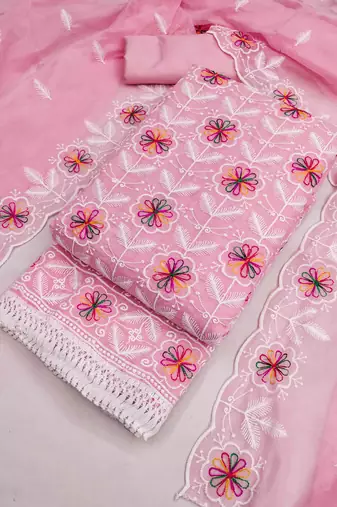 Pink chanderi  embroidered unstitched dressmaterials 3 pair top bottom dupptaa