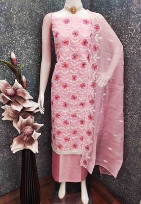 Pink chanderi  embroidered unstitched dressmaterials 3 pair top bottom dupptaa 4