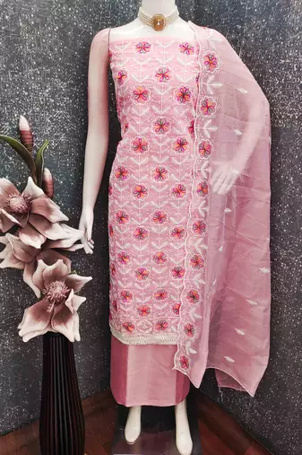 Pink chanderi  embroidered unstitched dressmaterials 3 pair top bottom dupptaa