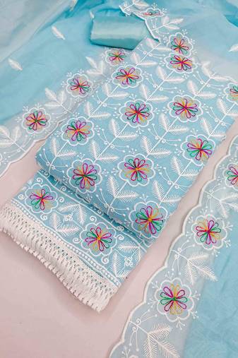 Sky chanderi embroidered unstitched dressmaterials 3 pair top bottom dupptaa