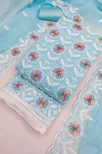 Sky chanderi embroidered unstitched dressmaterials 3 pair top bottom dupptaa