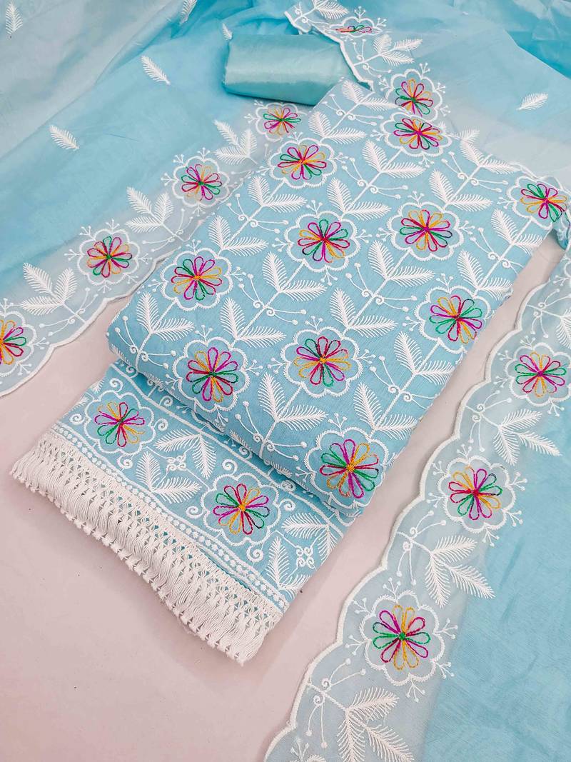 Sky chanderi embroidered unstitched dressmaterials 3 pair top bottom dupptaa