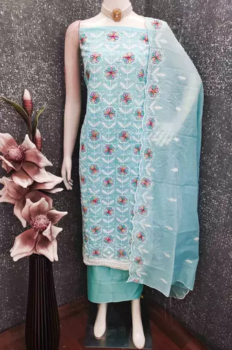 Sky chanderi embroidered unstitched dressmaterials 3 pair top bottom dupptaa