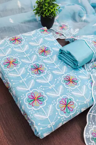 Sky chanderi embroidered unstitched dressmaterials 3 pair top bottom dupptaa