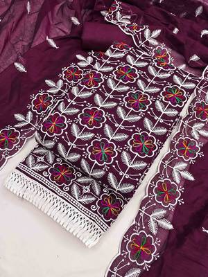 Wine chanderi embroidered unstitched dressmaterials 3 pair top bottom dupptaa 1