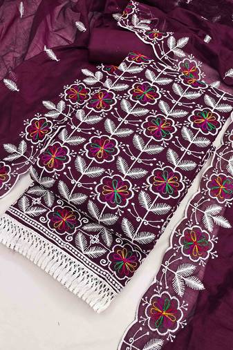 Wine chanderi embroidered unstitched dressmaterials 3 pair top bottom dupptaa