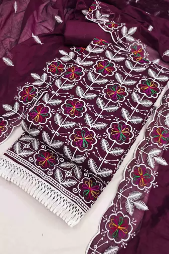 Wine chanderi embroidered unstitched dressmaterials 3 pair top bottom dupptaa