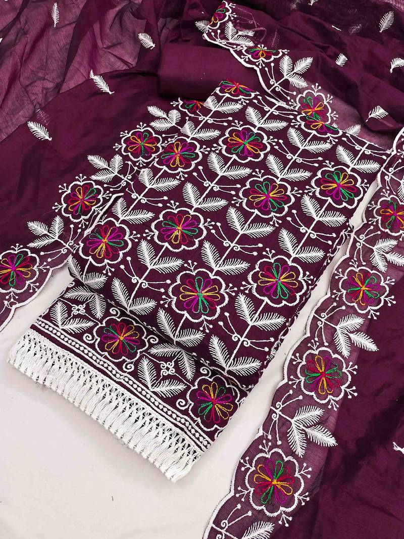 Wine chanderi embroidered unstitched dressmaterials 3 pair top bottom dupptaa