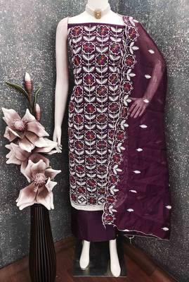 Wine chanderi embroidered unstitched dressmaterials 3 pair top bottom dupptaa 2