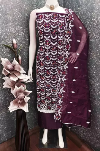 Wine chanderi embroidered unstitched dressmaterials 3 pair top bottom dupptaa