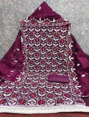 Wine chanderi embroidered unstitched dressmaterials 3 pair top bottom dupptaa 3