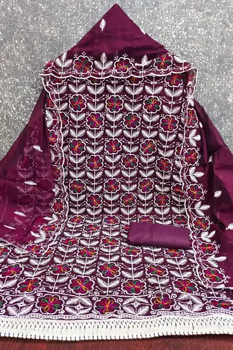 Wine chanderi embroidered unstitched dressmaterials 3 pair top bottom dupptaa