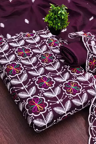 Wine chanderi embroidered unstitched dressmaterials 3 pair top bottom dupptaa