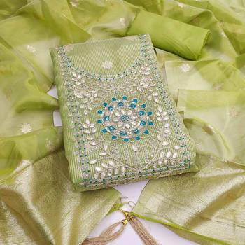 Green silk  embroidered unstitched dressmaterials 3 pair top bottom dupptaa 1