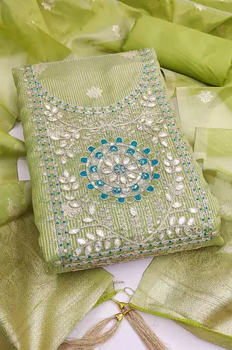 green silk blend embroidered unstitched dressmaterials 3 pair top bottom dupptaa