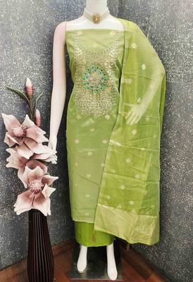 Green silk  embroidered unstitched dressmaterials 3 pair top bottom dupptaa 3