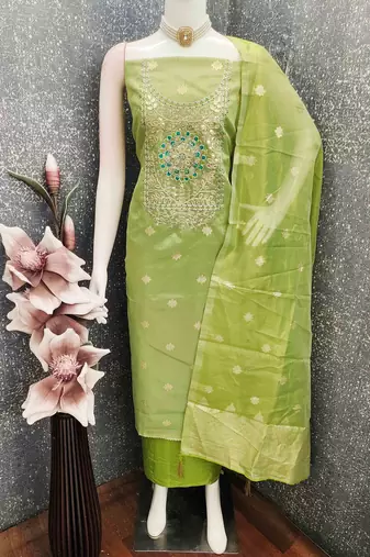 green silk blend embroidered unstitched dressmaterials 3 pair top bottom dupptaa