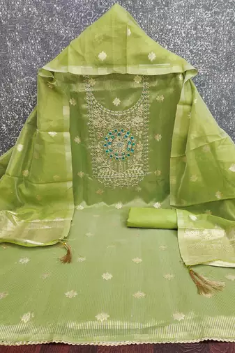 green silk blend embroidered unstitched dressmaterials 3 pair top bottom dupptaa