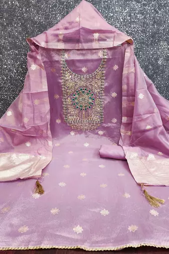 lavender silk blend embroidered unstitched dressmaterials 3 pair top bottom dupptaa