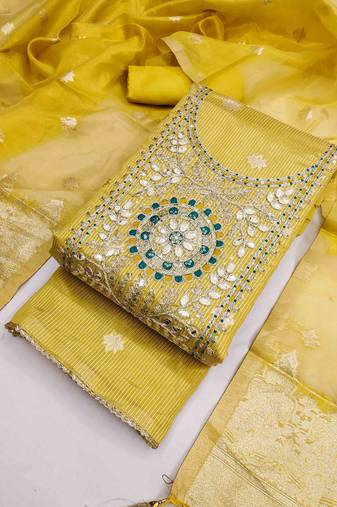 mustard silk blend embroidered unstitched dressmaterials 3 pair top bottom dupptaa