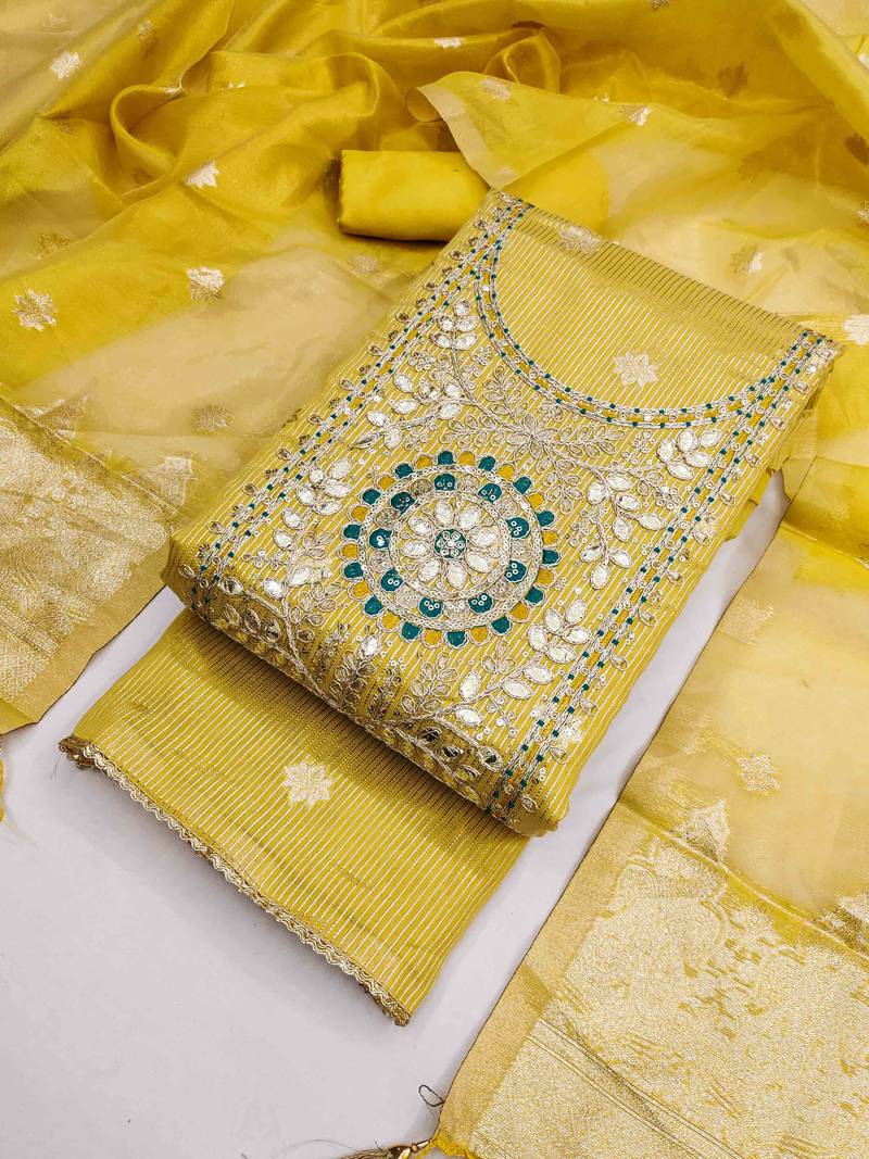 Mustard silk embroidered unstitched dressmaterials 3 pair top bottom dupptaa