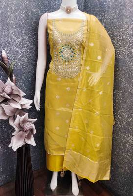 Mustard silk embroidered unstitched dressmaterials 3 pair top bottom dupptaa 2