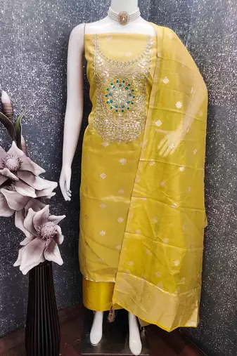 Mustard silk embroidered unstitched dressmaterials 3 pair top bottom dupptaa