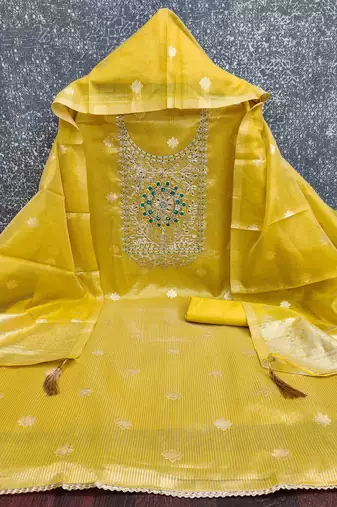 Mustard silk embroidered unstitched dressmaterials 3 pair top bottom dupptaa