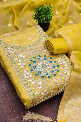 Mustard silk embroidered unstitched dressmaterials 3 pair top bottom dupptaa