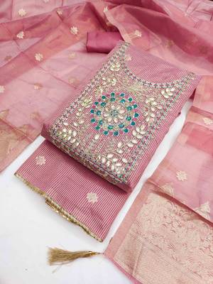 Pink chanderi  embroidered unstitched dressmaterials 3 pair top bottom dupptaa 1
