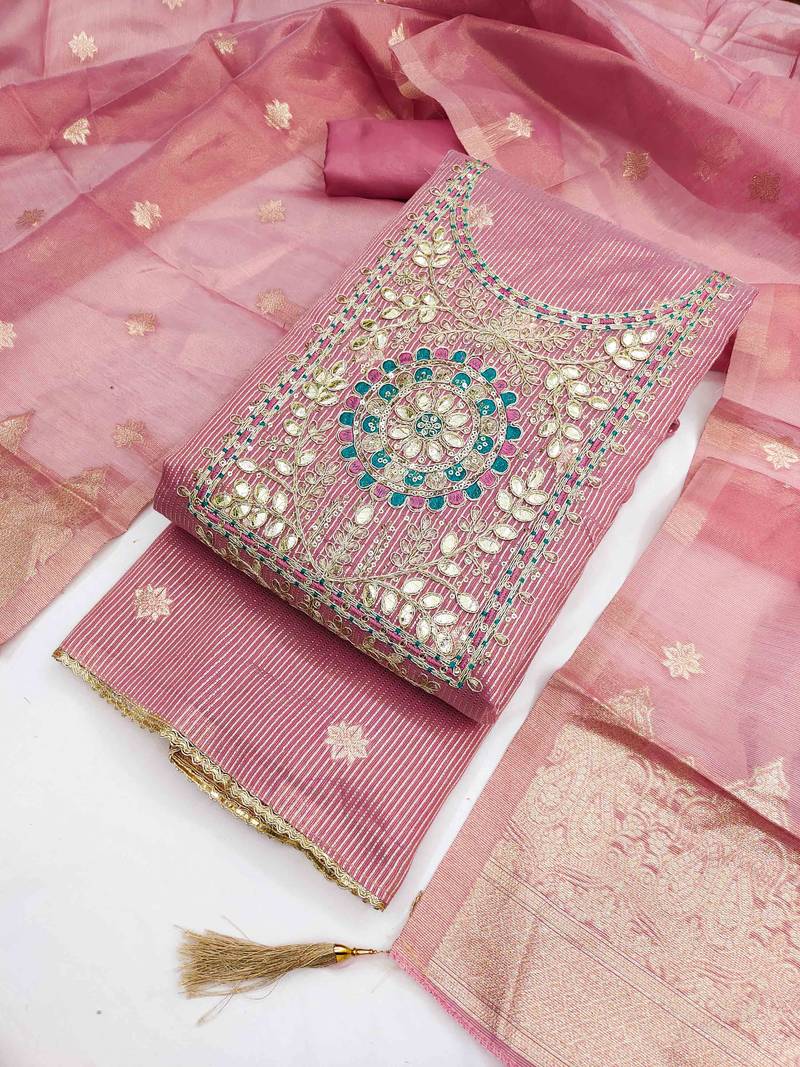Pink chanderi  embroidered unstitched dressmaterials 3 pair top bottom dupptaa