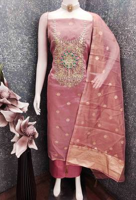 Pink chanderi  embroidered unstitched dressmaterials 3 pair top bottom dupptaa 2