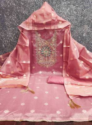 Pink chanderi  embroidered unstitched dressmaterials 3 pair top bottom dupptaa 3